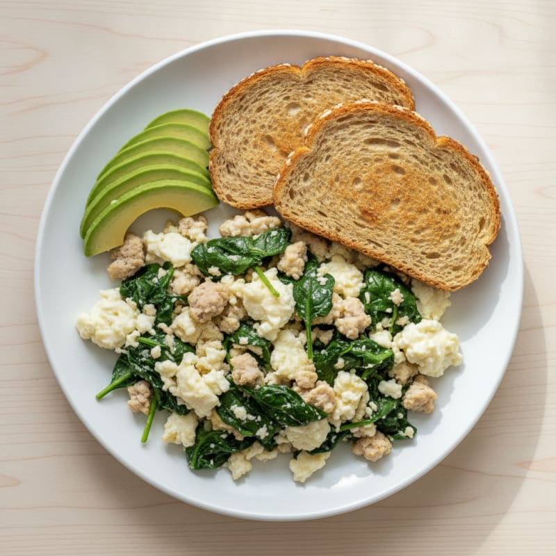 Egg White and Turkey Sausage Scramble with Sautéed Spinach