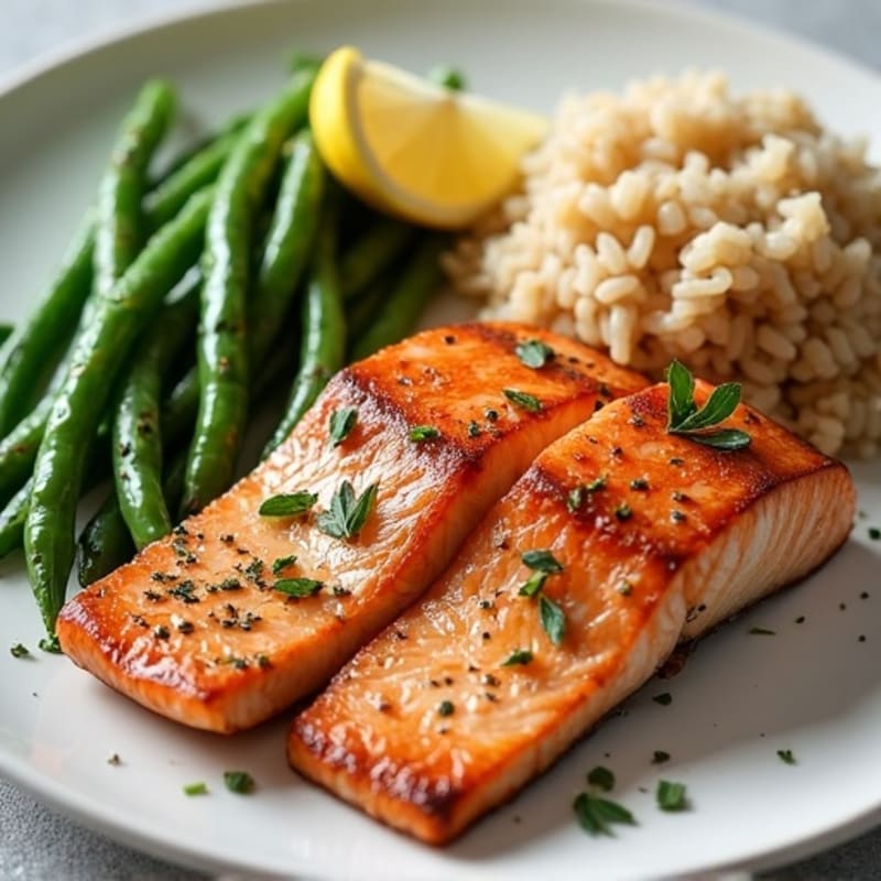 Seared Salmon Fillet with Garlic Green Beans and Brown Rice