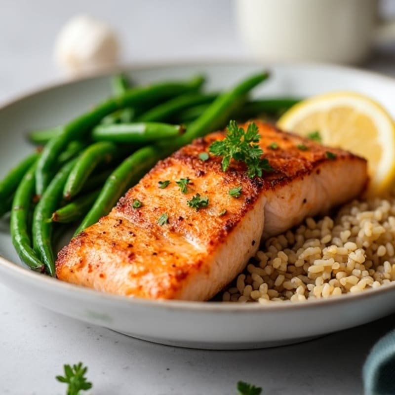 Seared Salmon Filet with Garlic Green Beans and Brown Rice