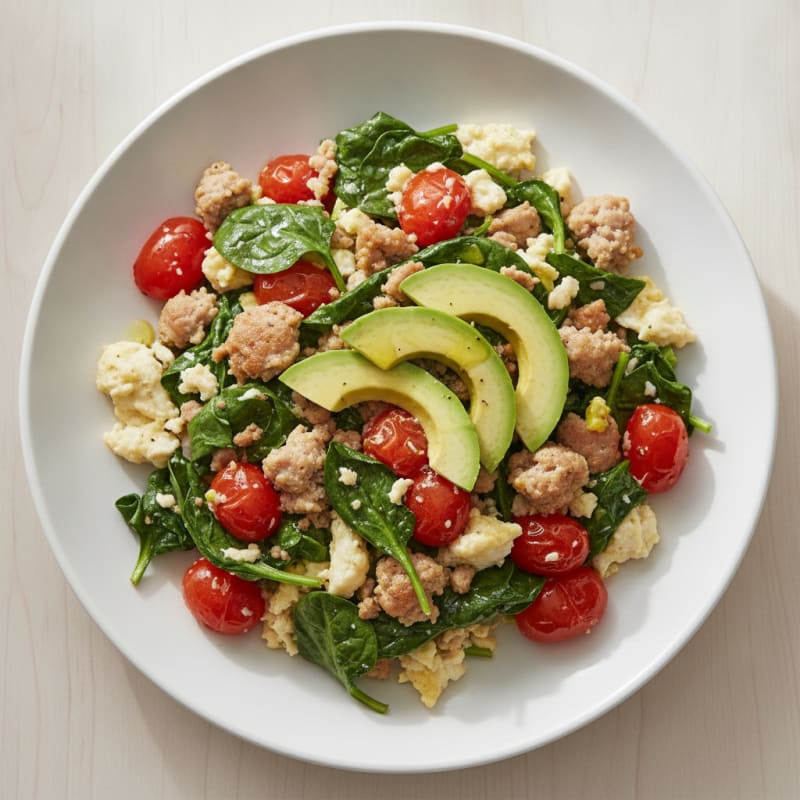 Egg White and Turkey Sausage Scramble with Spinach and Tomatoes