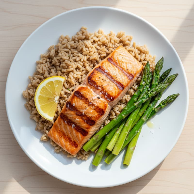 Seared Salmon Fillet with Steamed Asparagus and Brown Rice