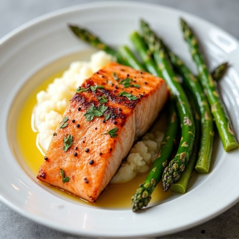 Seared Salmon Fillet with Roasted Asparagus and Cauliflower Mash
