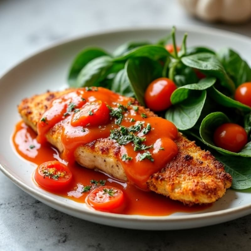 Crispy Baked Chicken with Fresh Tomato Sauce and Garlicky Greens
