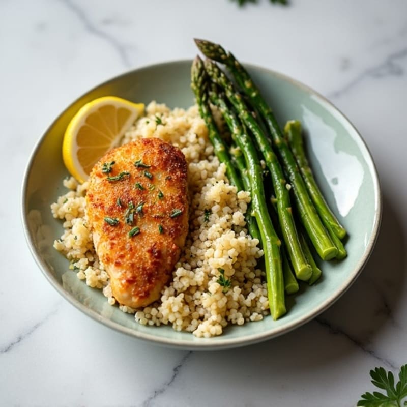 Crispy Lemon Herb Chicken with Roasted Asparagus and Quinoa