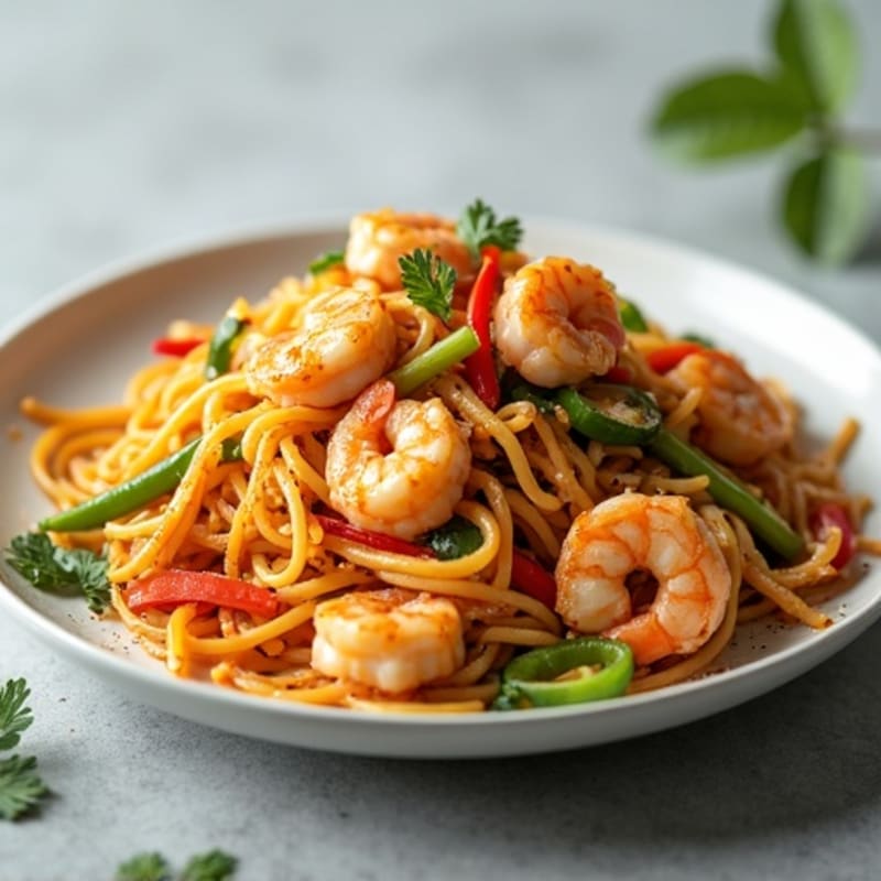 Shrimp and Rice Noodle Stir-Fry with Tangy Peanut Sauce and Crisp Vegetables