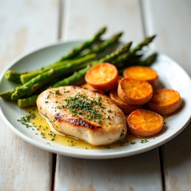 Lemon-Herb Pan-Seared Chicken with Roasted Asparagus and Sweet Potatoes