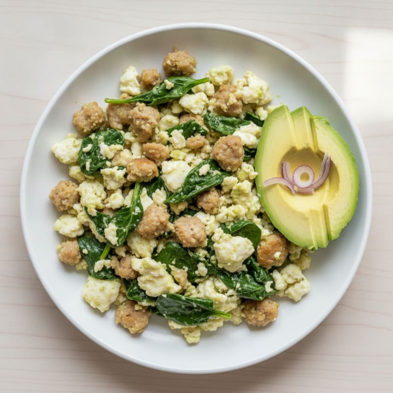 Egg White and Turkey Sausage Scramble with Sautéed Spinach