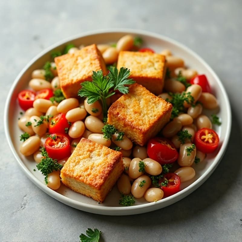 Crispy Tofu with Hearty Lemon-Herb Bean Salad