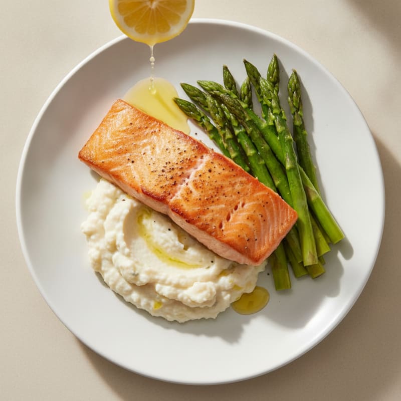 Seared Salmon Fillet with Steamed Asparagus and Cauliflower Mash