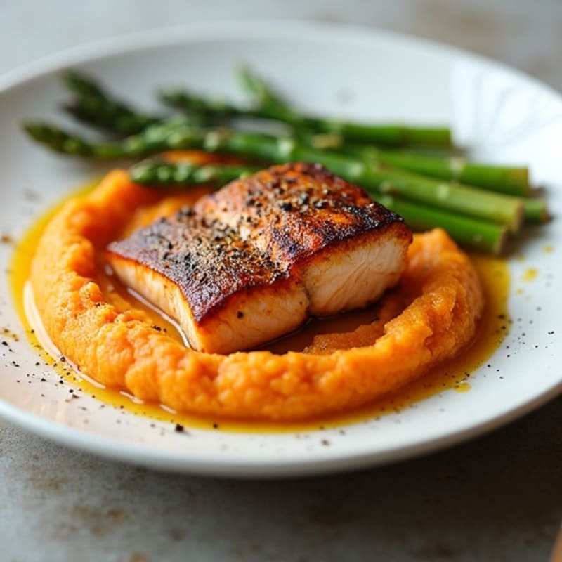 Seared Salmon Fillet with Roasted Asparagus and Sweet Potato Mash