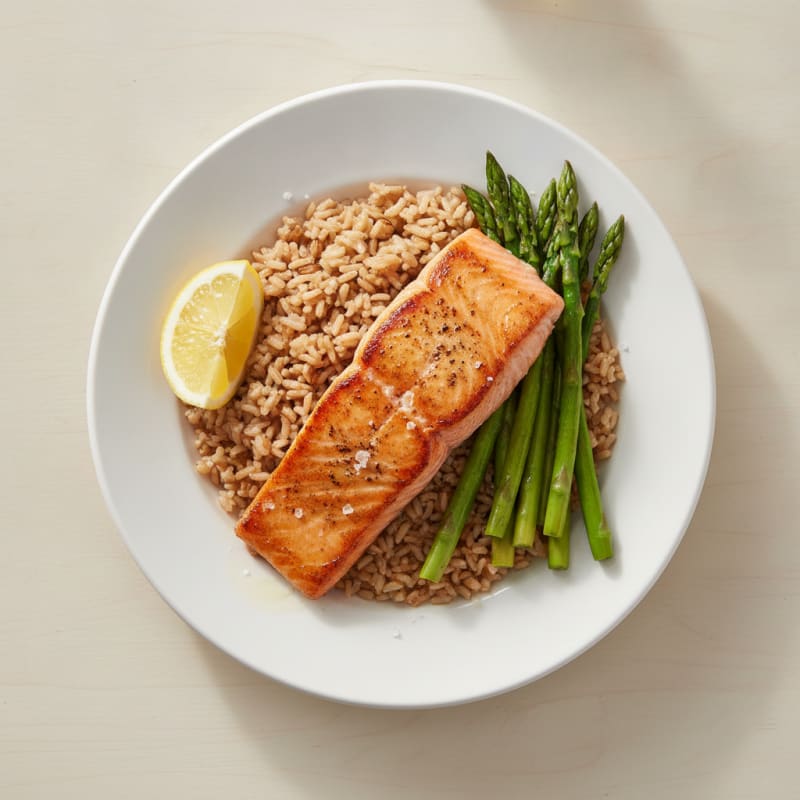 Seared Salmon with Steamed Asparagus and Brown Rice