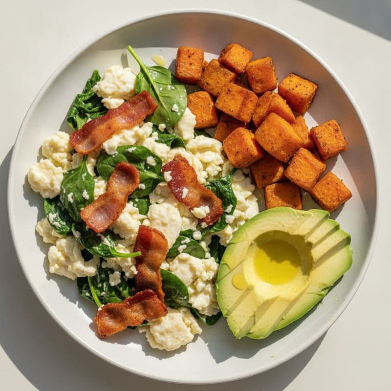 Crispy Turkey Bacon and Egg White Scramble with Sautéed Spinach