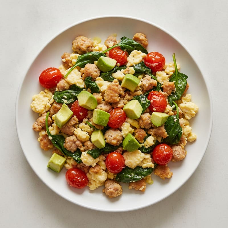 Egg White and Turkey Sausage Scramble with Spinach and Cherry Tomatoes