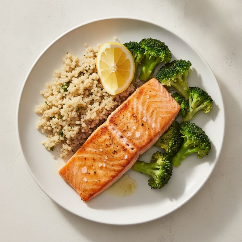 Seared Salmon with Steamed Broccoli and Quinoa