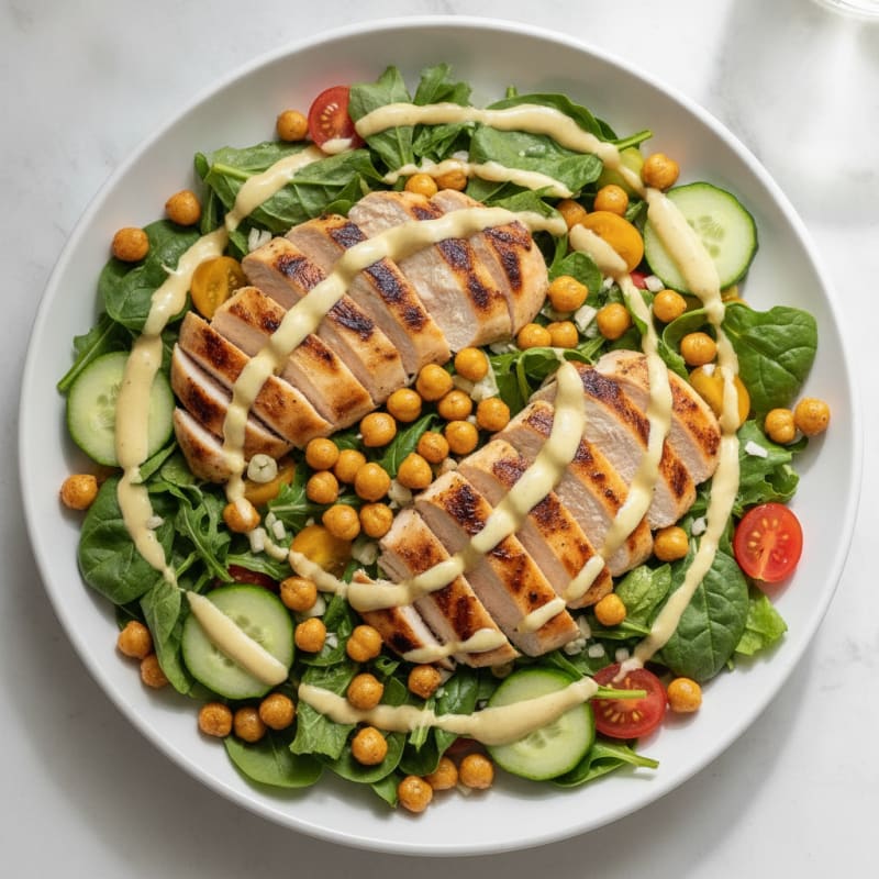 Grilled Chicken Salad with Crunchy Chickpeas and Lemon-Tahini Dressing
