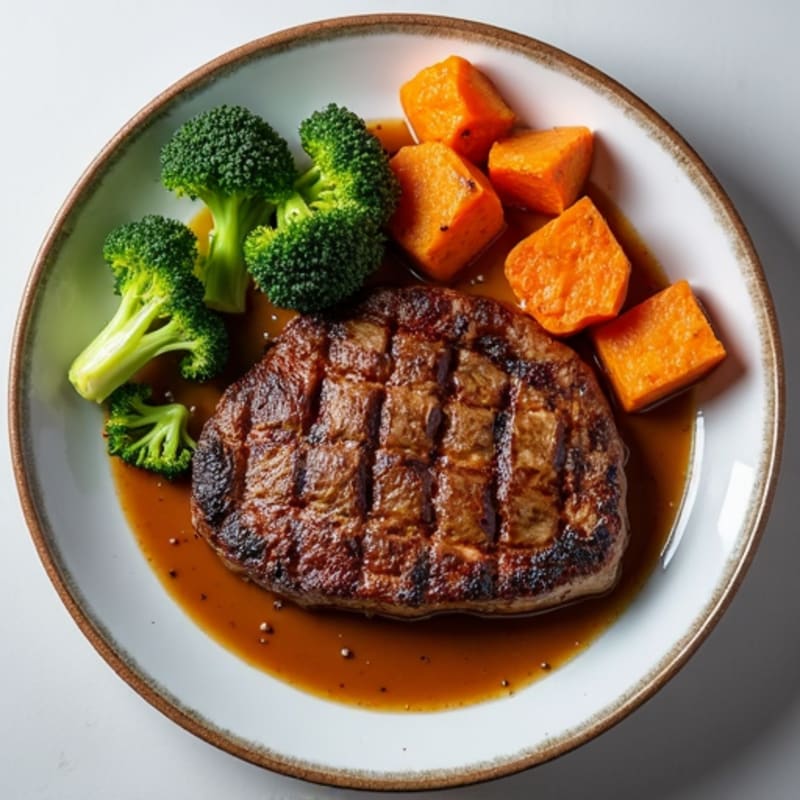 Grilled Top Round Steak with Roasted Sweet Potatoes and Broccoli