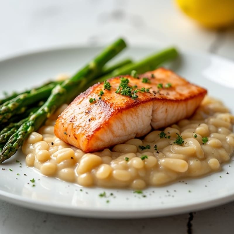 Seared Salmon with Creamy White Bean Mash and Asparagus
