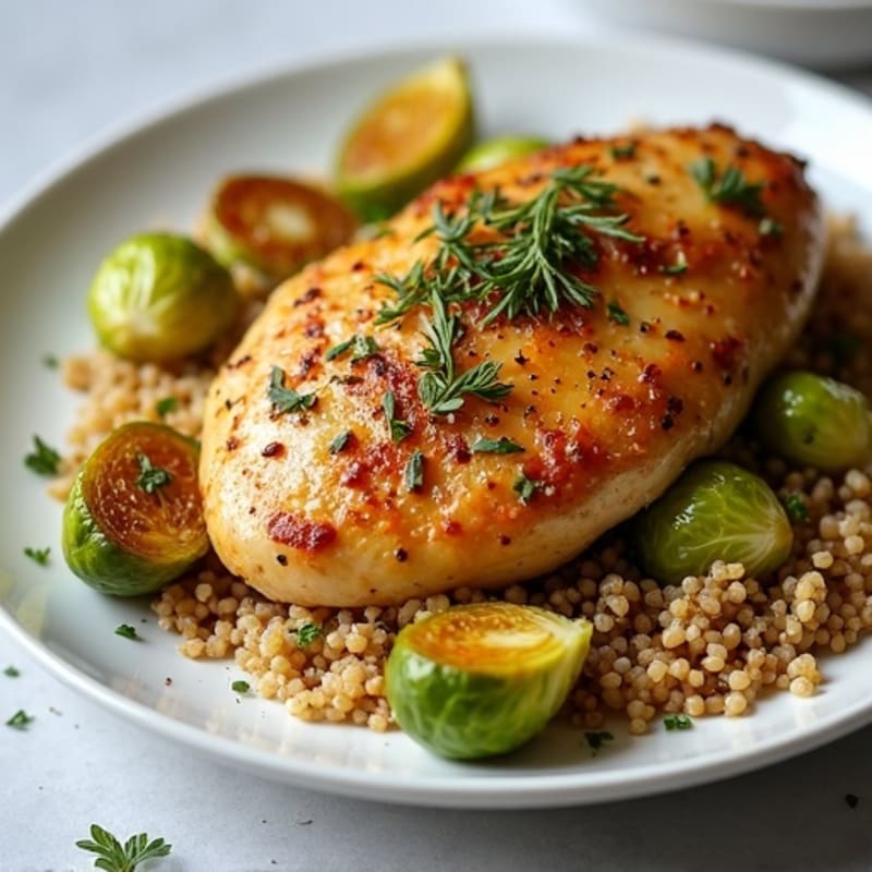 Garlic Herb Roasted Chicken Breast with Crispy Roasted Brussels Sprouts and Quinoa