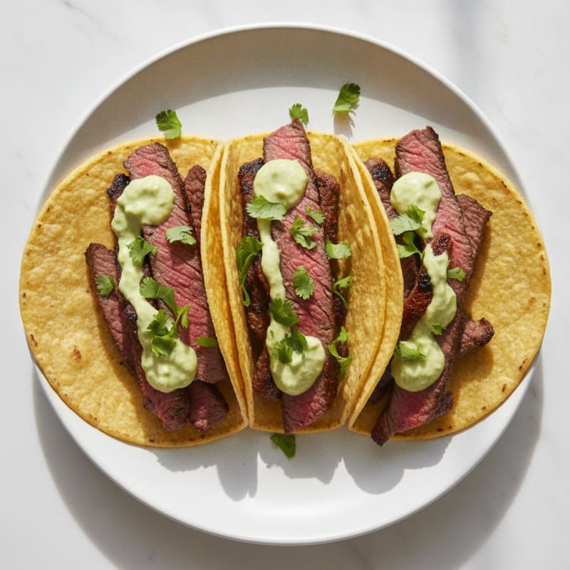 Pan-Seared Steak Tacos with Avocado Crema