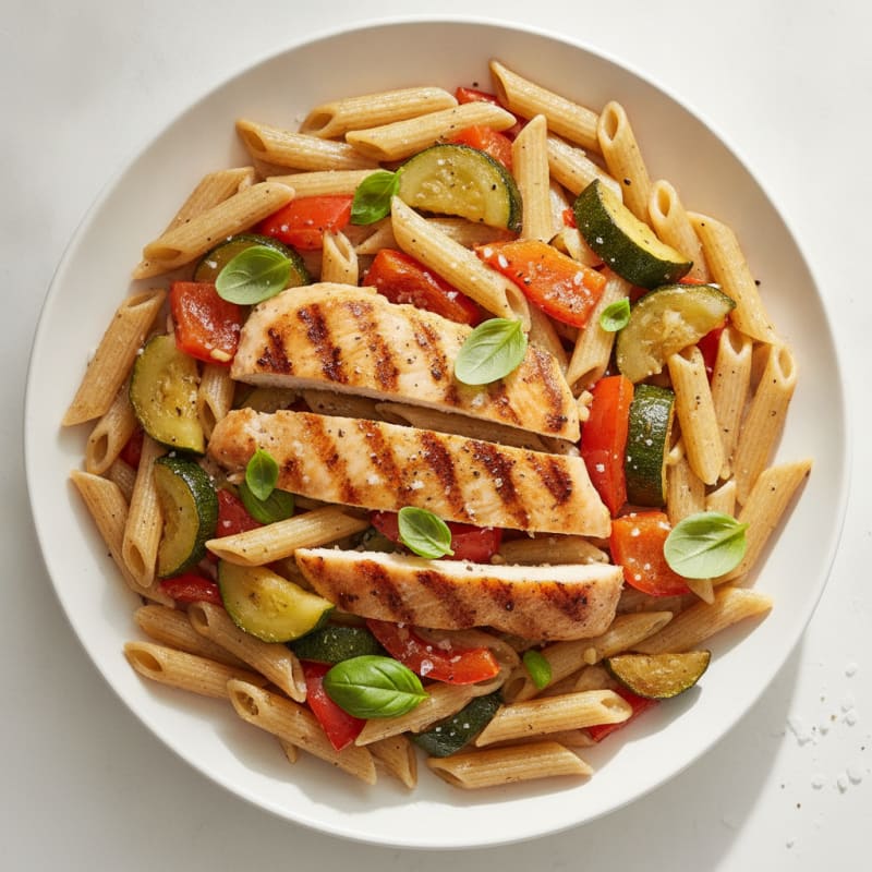 Hearty Pasta with Roasted Vegetables and Grilled Chicken