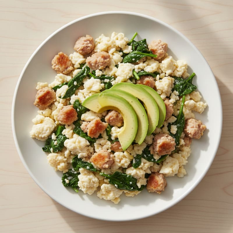 Egg White Scramble with Turkey Sausage and Sautéed Spinach