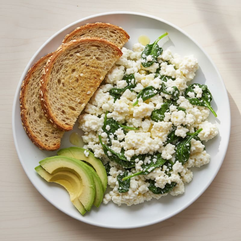 Egg White and Cottage Cheese Scramble with Sautéed Spinach