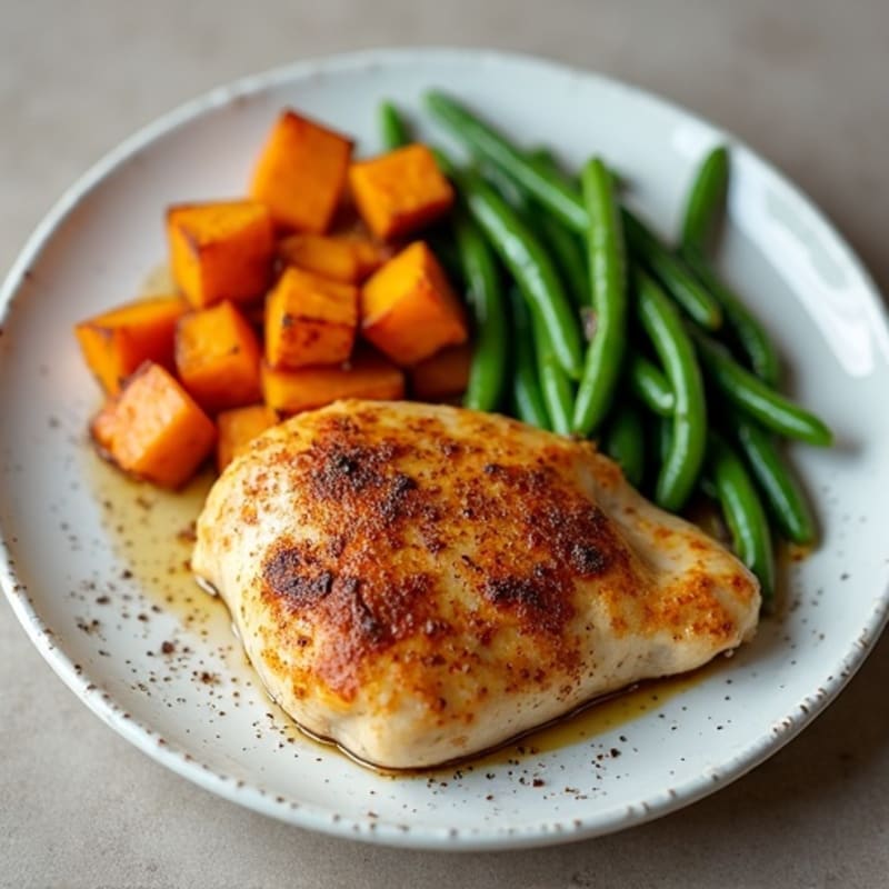 Cinnamon-Spiced Roasted Chicken with Sweet Potatoes and Crispy Green Beans