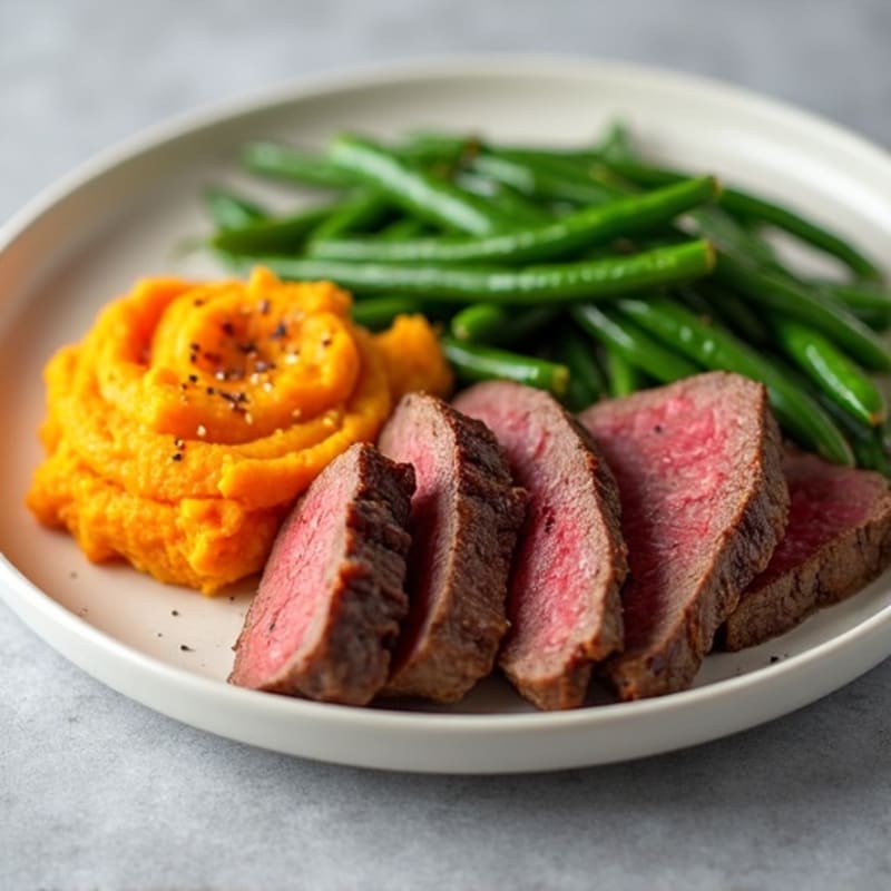 Seared Beef Strips with Steamed Green Beans and Sweet Potato Mash