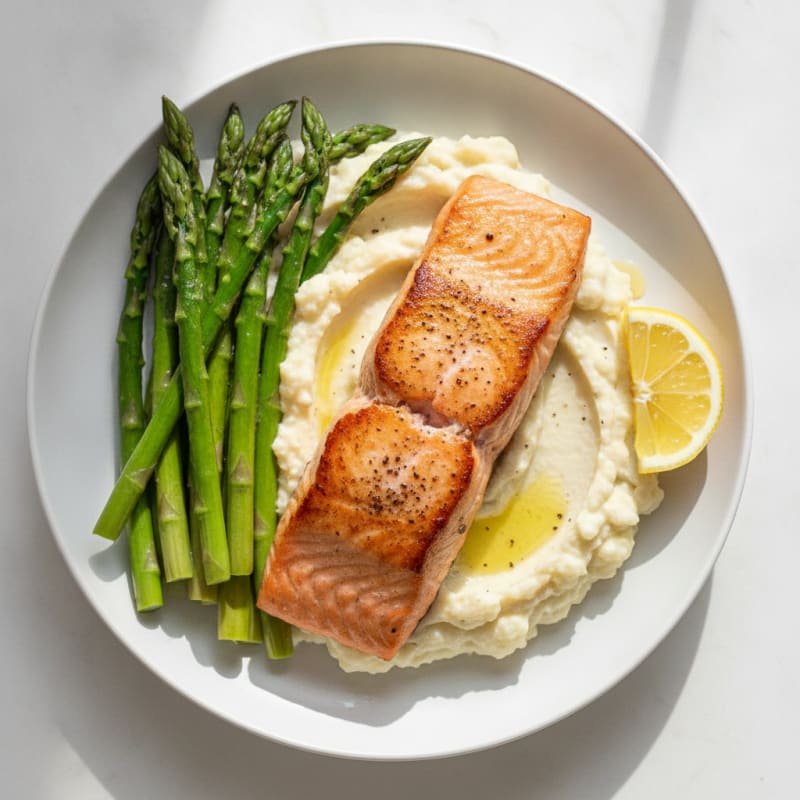 Seared Salmon with Steamed Asparagus and Garlic Mashed Cauliflower