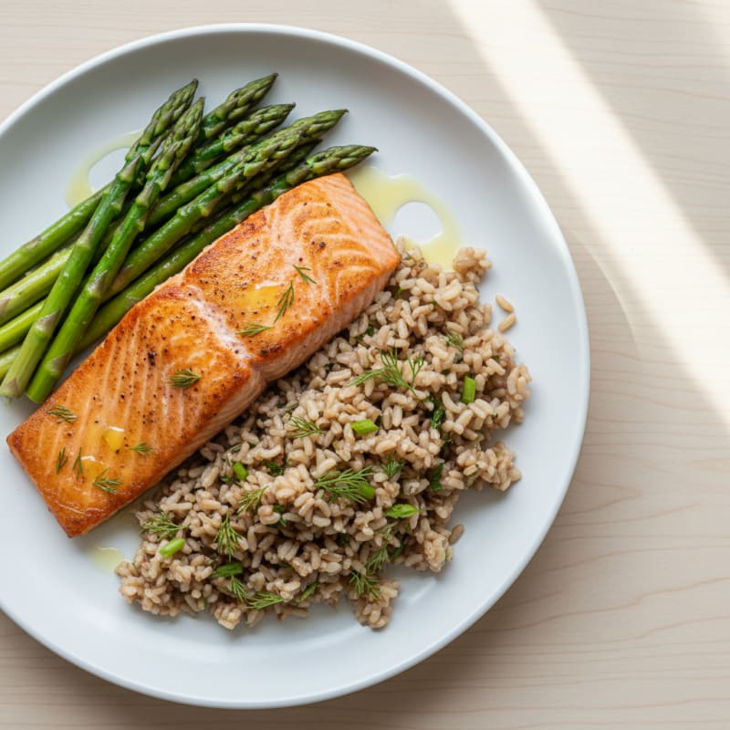 Seared Salmon with Steamed Asparagus and Herbed Brown Rice