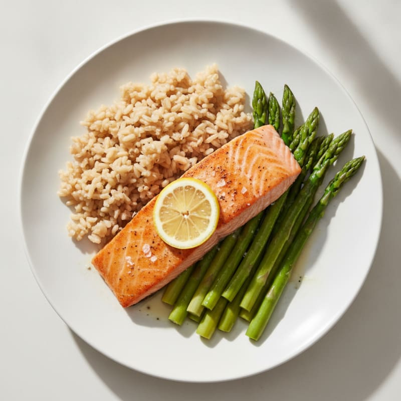 Seared Salmon with Steamed Asparagus and Brown Rice