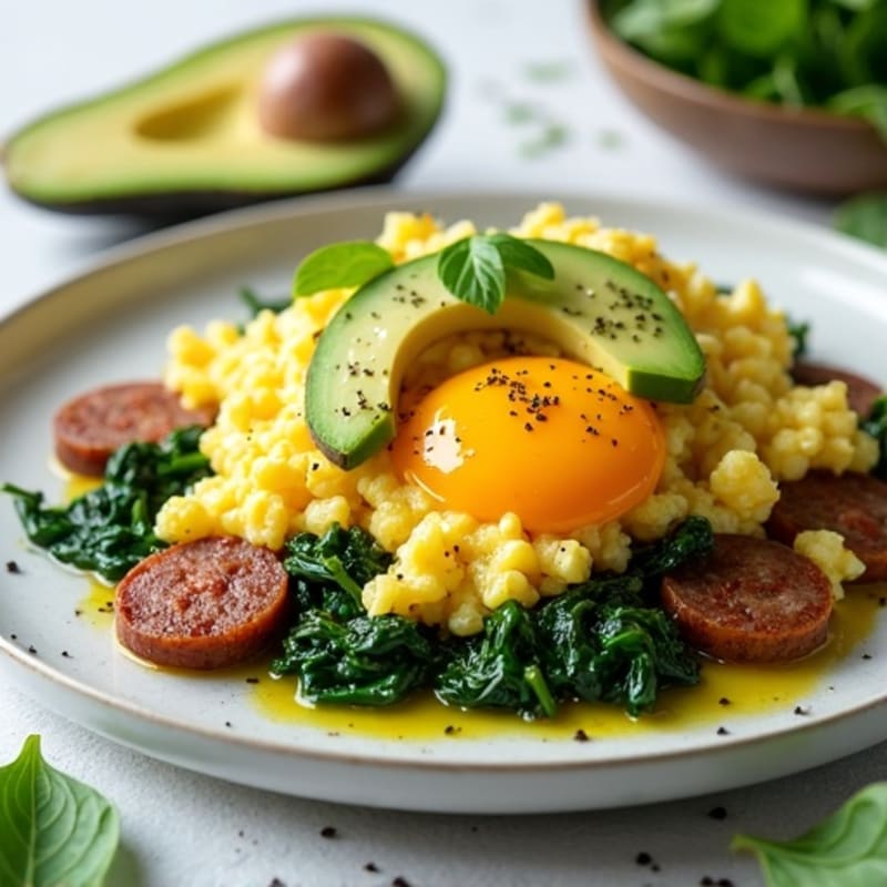 Egg White Scramble with Turkey Sausage and Sautéed Spinach