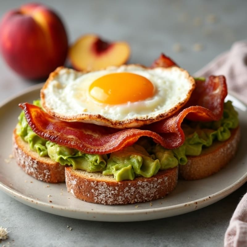 Crunchy Avocado Sourdough Toast with Fried Egg and Turkey Bacon with Fresh Peach