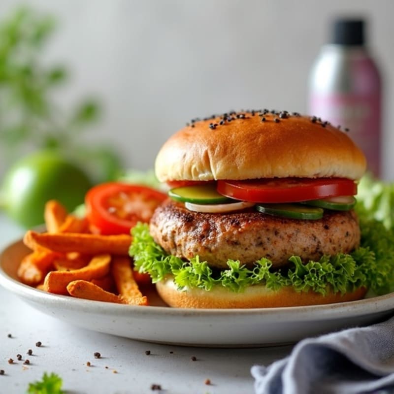 Lean Turkey Burger with Crispy Sweet Potato Fries and Fresh Greens