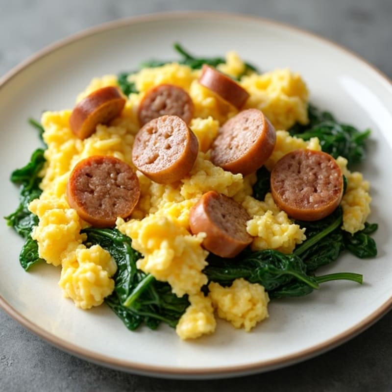 Creamy Scrambled Eggs with Lean Chicken Sausage and Wilted Spinach