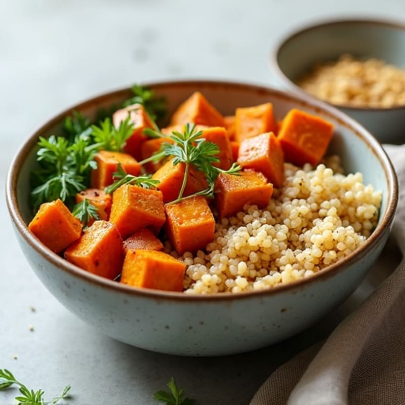 Roasted Sweet Potato and Crispy Chickpea Quinoa Bowl with Creamy Tahini