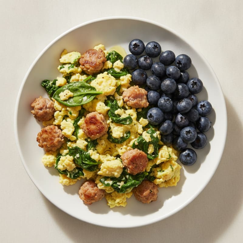 Scrambled Eggs with Turkey Sausage and Spinach