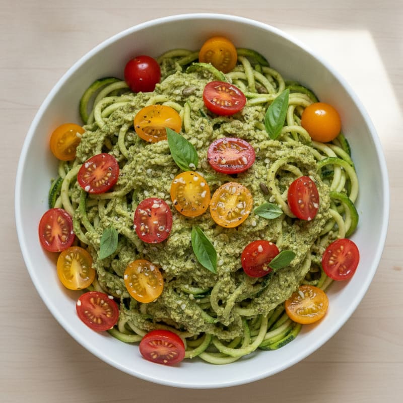 Zucchini Noodles with Pesto and Cherry Tomatoes