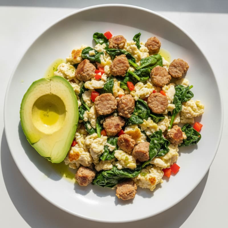 Egg White Scramble with Turkey Sausage and Sautéed Spinach