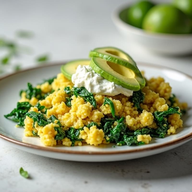 Egg White Spinach Scramble with Cottage Cheese and Sliced Avocado