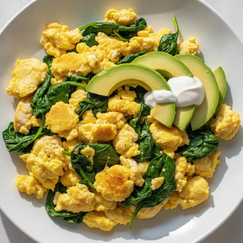 Scrambled Eggs with Sautéed Spinach and Avocado