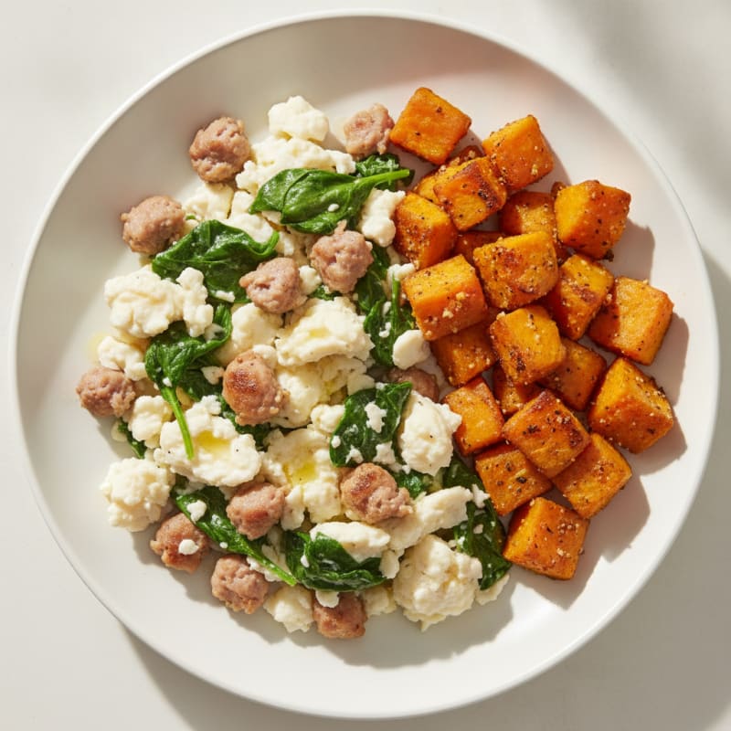 Egg White and Turkey Sausage Scramble with Spinach and Roasted Sweet Potato