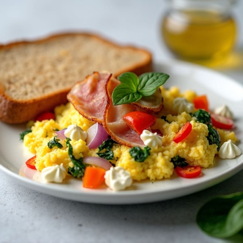 Egg White Vegetable Scramble with Cottage Cheese and Turkey Bacon