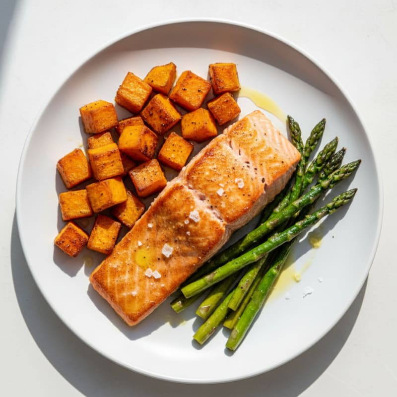 Seared Salmon Fillet with Roasted Sweet Potato and Asparagus