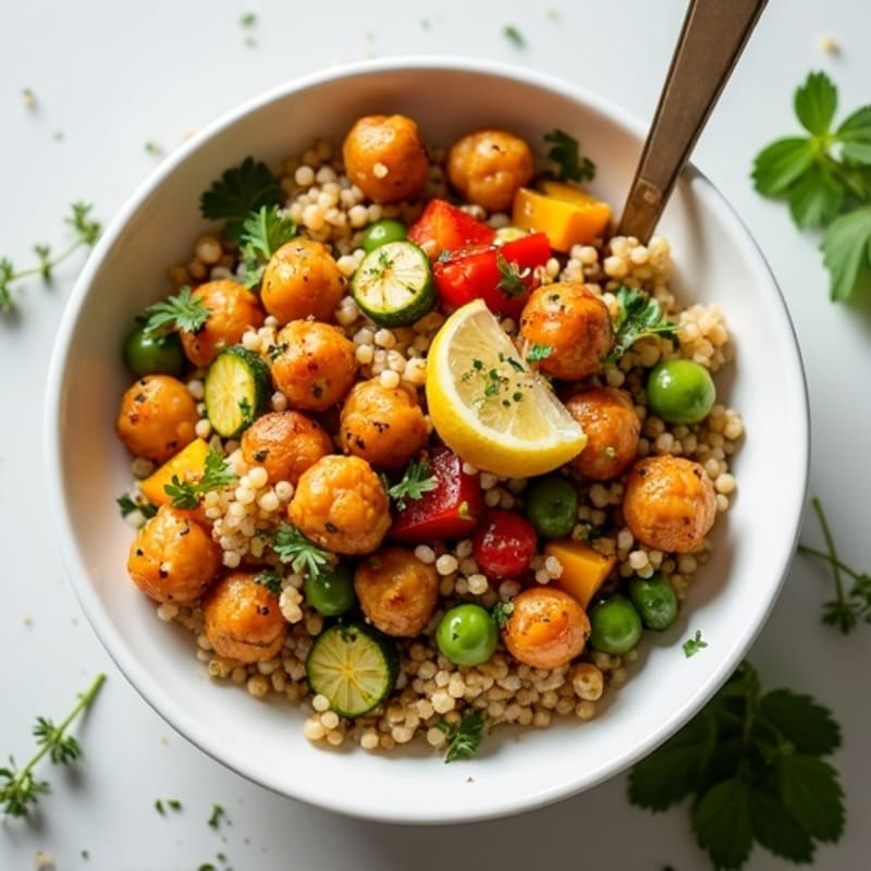 Crispy Roasted Lemon-Herb Chickpeas with Roasted Vegetables and Quinoa