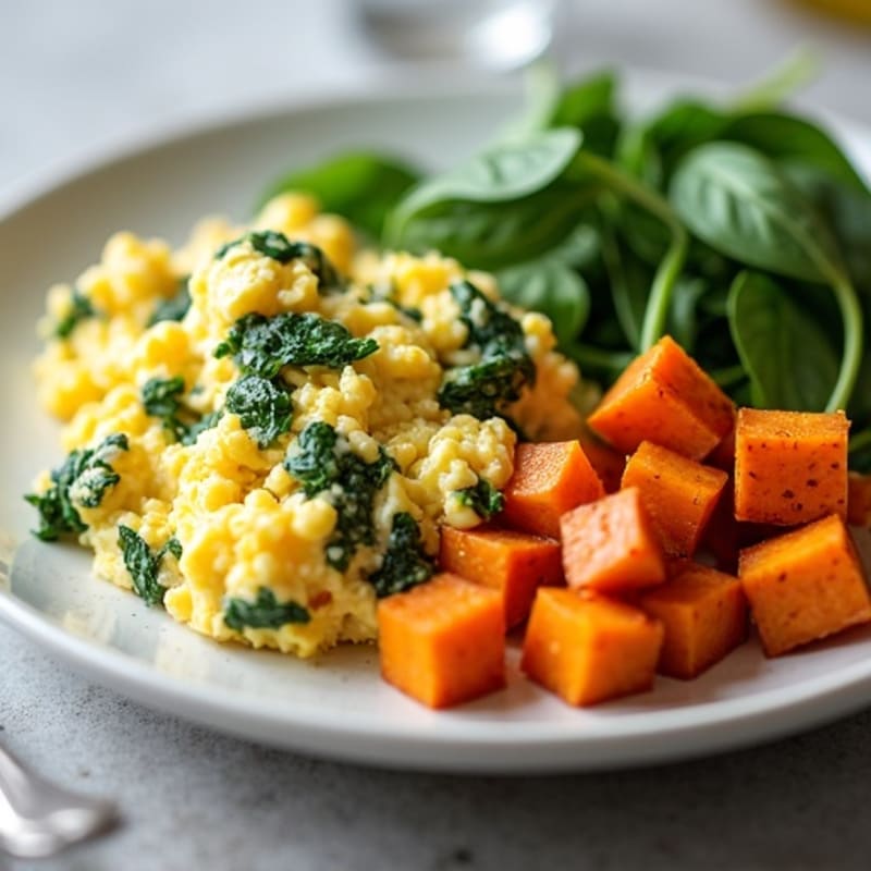 Cottage Cheese Egg White Scramble with Spinach and Roasted Sweet Potato
