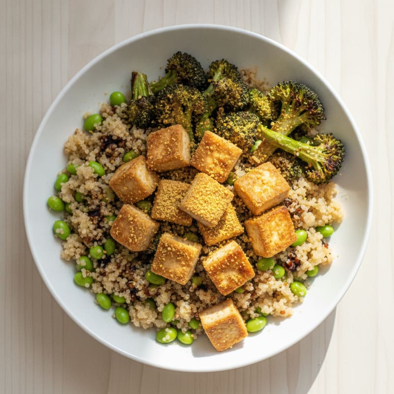 Crispy Tofu Power Bowl with Quinoa and Roasted Broccoli