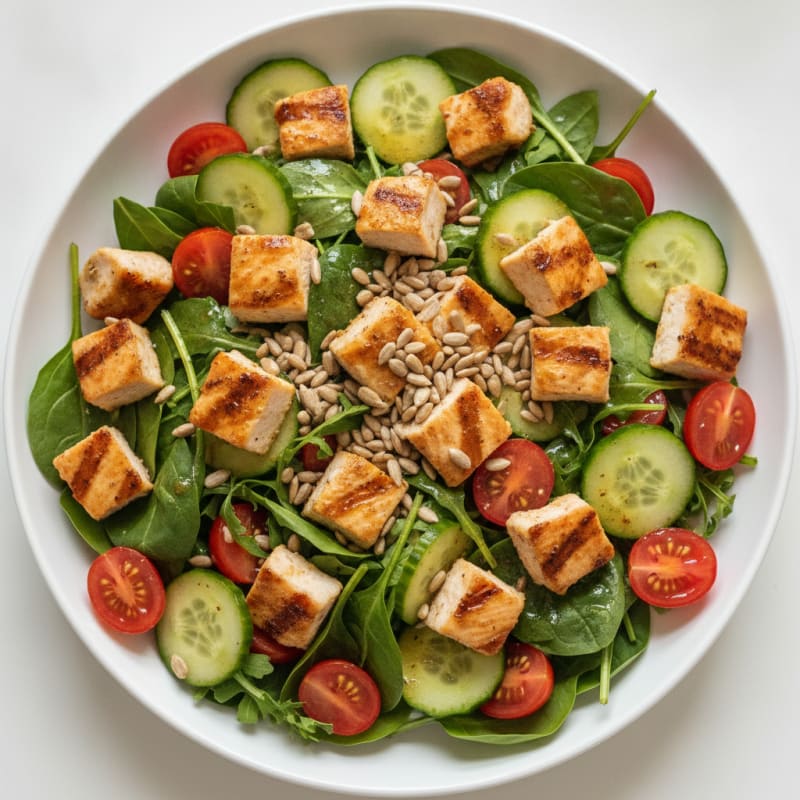 Grilled Chicken and Fresh Vegetable Salad with Sunflower Seeds