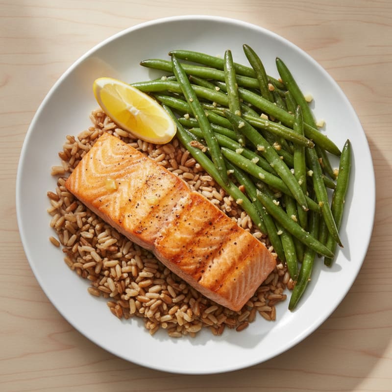 Seared Salmon with Garlic Green Beans and Brown Rice