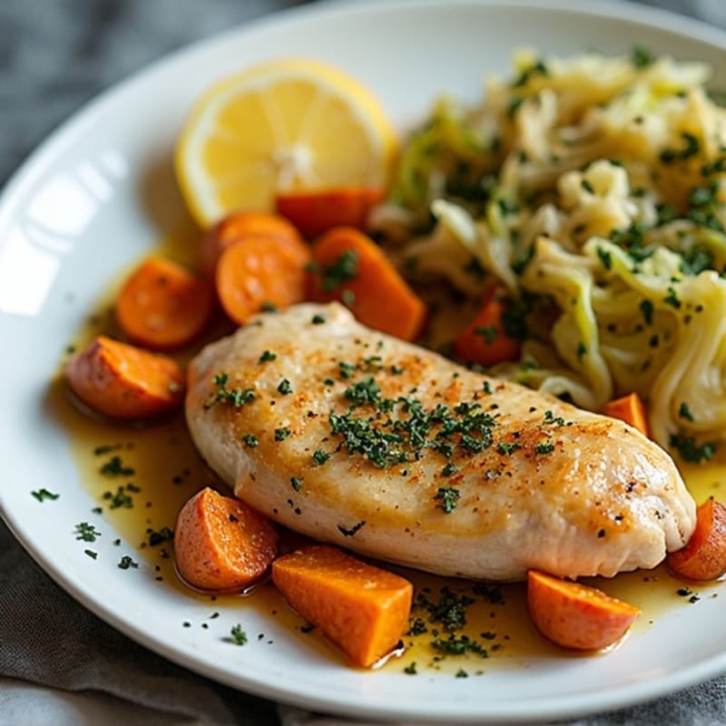Sheet Pan Lemon Herb Chicken with Roasted Sweet Potatoes and Crispy Cabbage